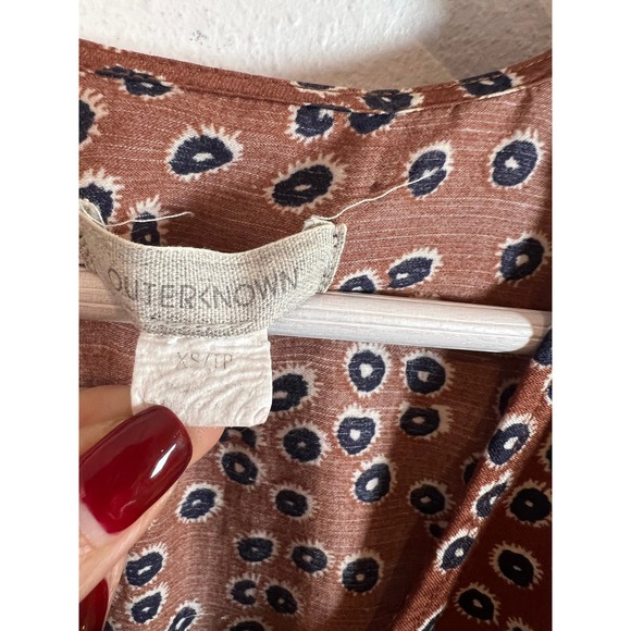 Outerknown Rhiannon Brown Floral Midi Wrap Dress Sz. XS Silk Hemp Relaxed Fit - Picture 8 of 12